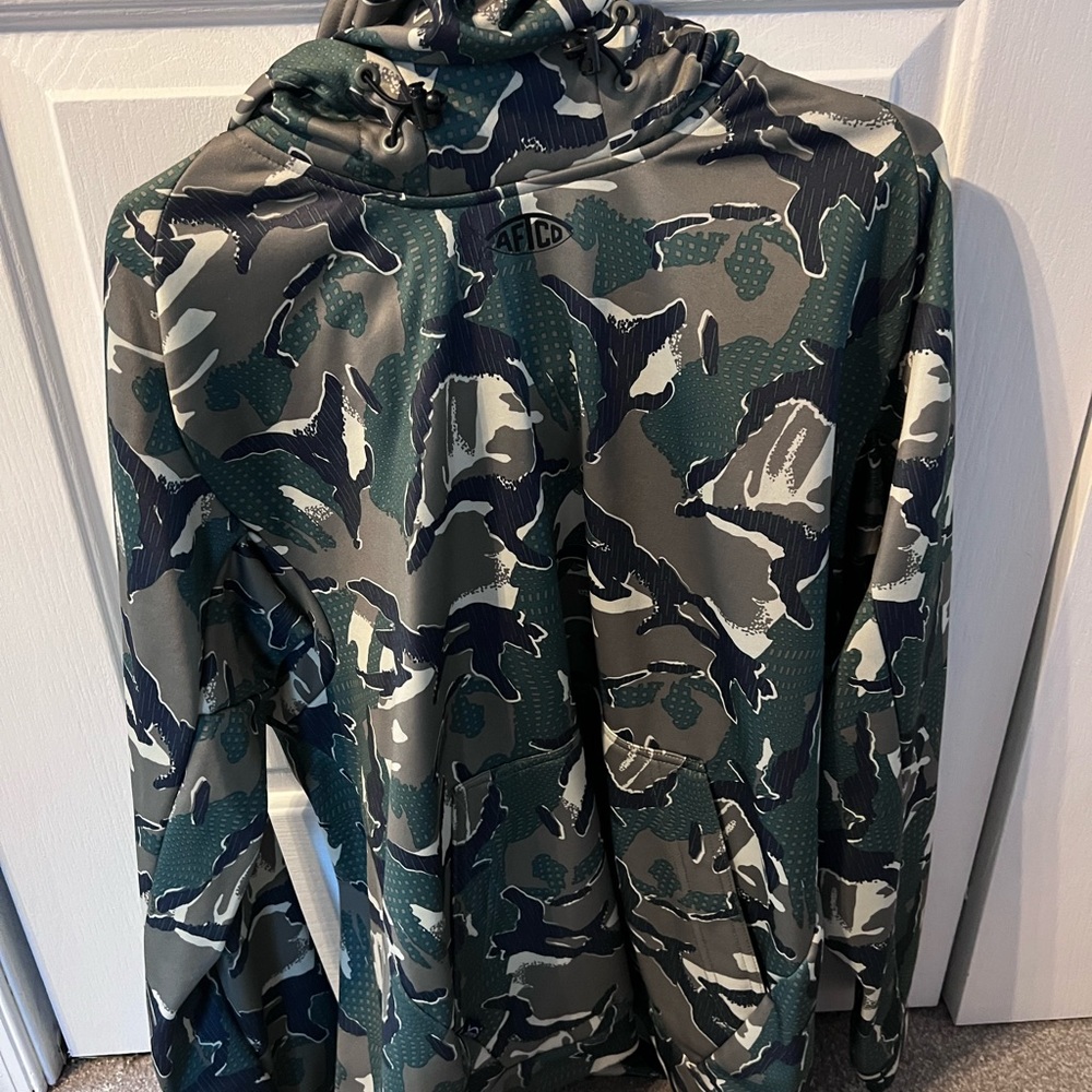 AFTCO Reaper Camo Performance Fleece Hoodie Mens L Sweatshirt Vented Fishing
